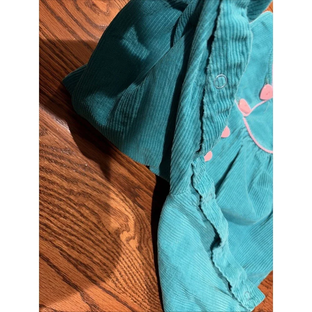 Vtg 80s Girl Corduroy Overalls Size 12 Months  Teal Pink Cat  Heart Buttons